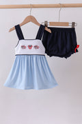 Blue Character Embroidery Gingham Bloomer Set