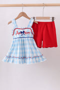Blue America embroidery gingham ruffle shorts set